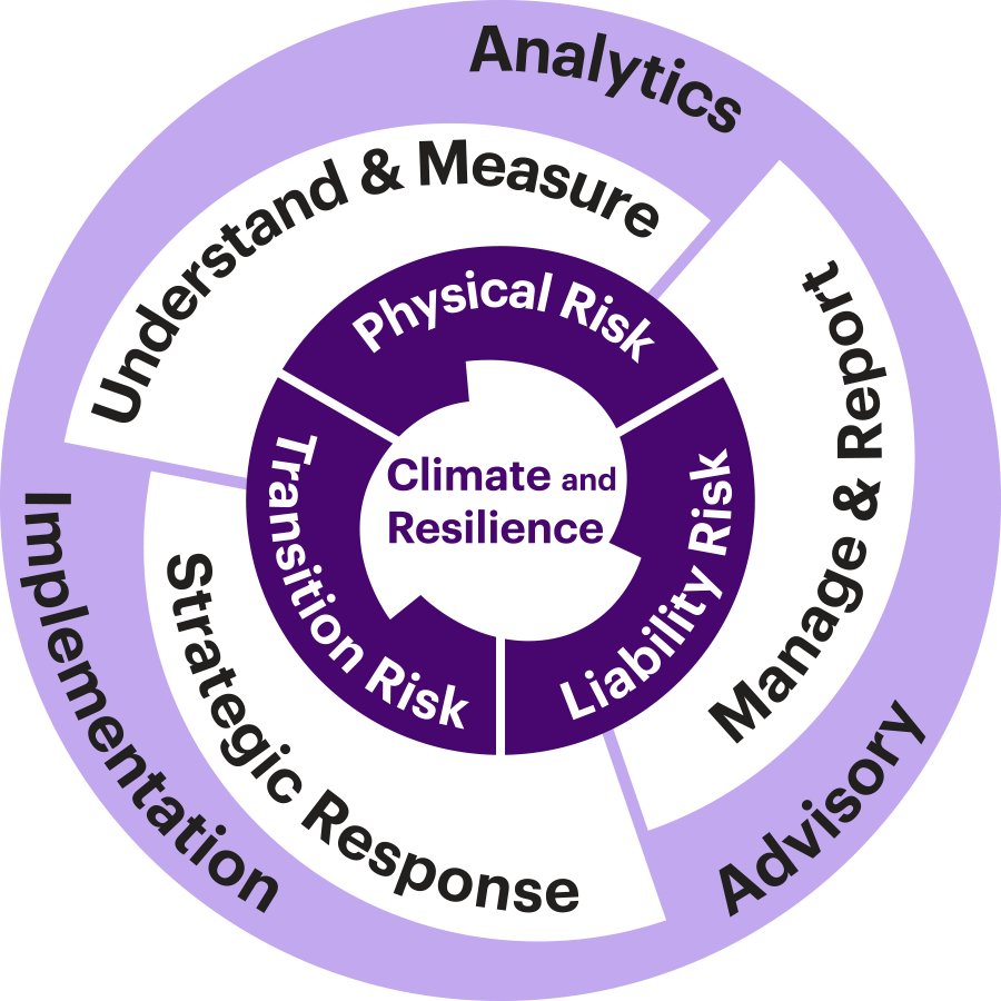A circular diagram showing WTW’s comprehensive approach to climate risk and resilience. - description below