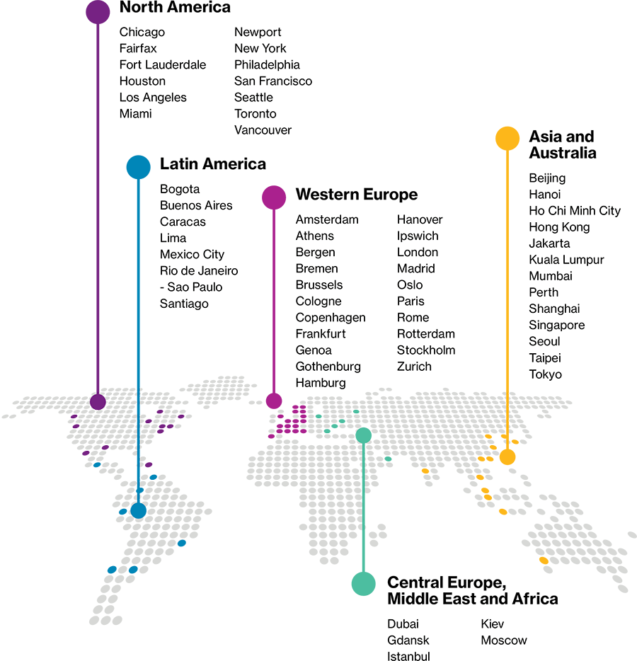Global Marine map featuring cities in North America, Latin America, Western Europe, Asia and Australia, and Central Europe, Middle East and Africa