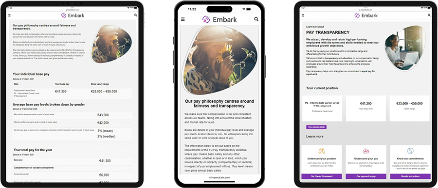 Embark platform on a mobile screen showing Pay equity and transparency