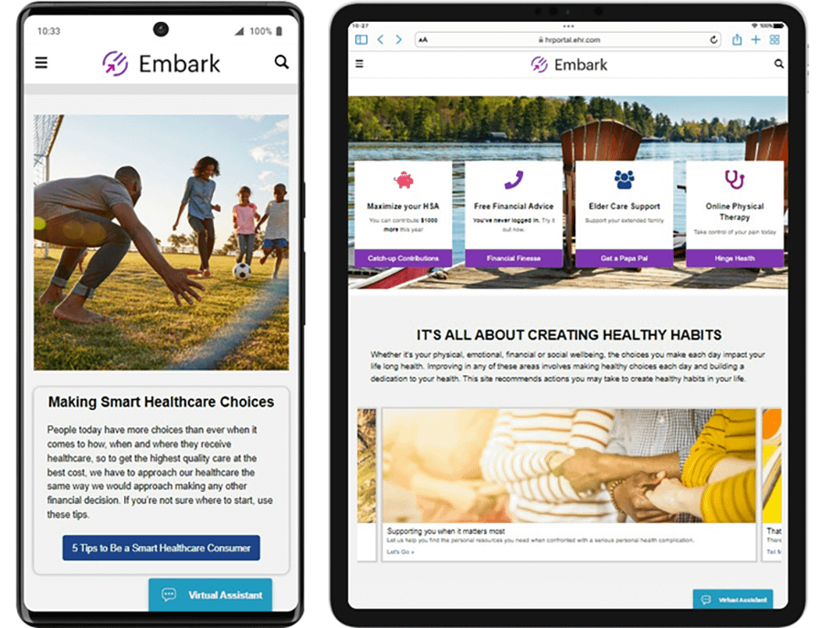 Embark platform on mobile and tablet screen showing health and wellbeing topics