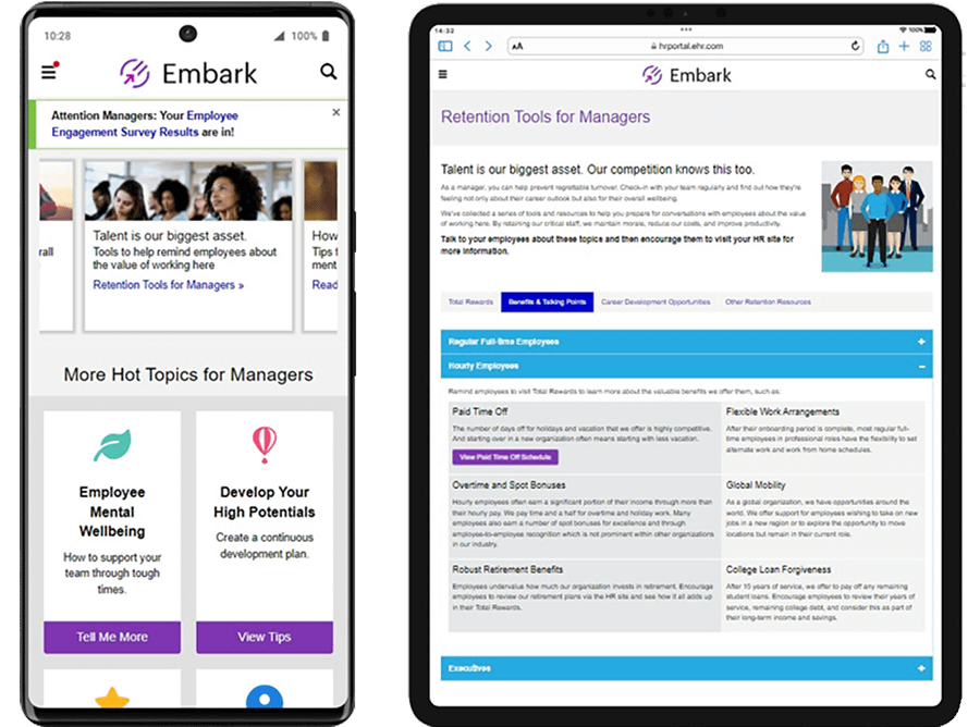 Embark platform on a mobile screen showing hot topics for managers