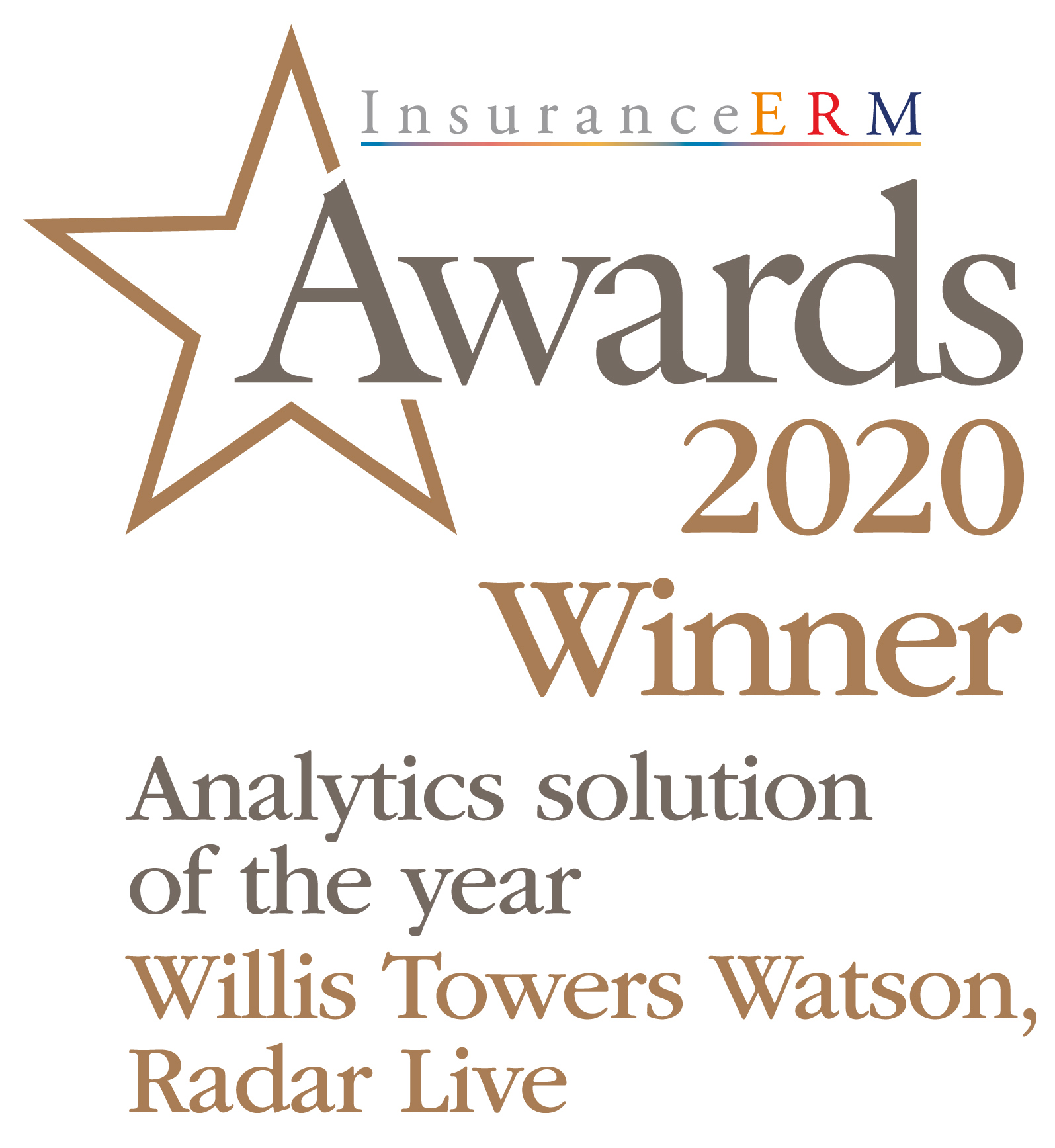 Image with text showing: Insurance ERM Awards 2020 Winner for Analytics Solution of the year. Willis Towers Watson, Radar Live
