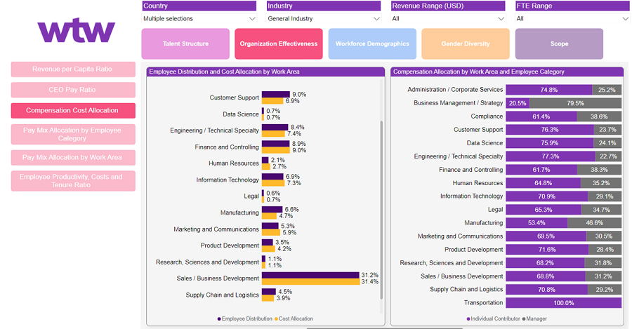 A screen shot of organization effectiveness and cost allocation employee metrics and data.