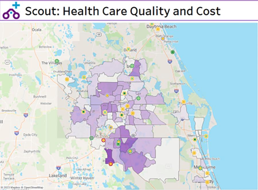 A screenshot of Scout Health Care Quality showing a map highlighting COE inputs and the Quantros score.