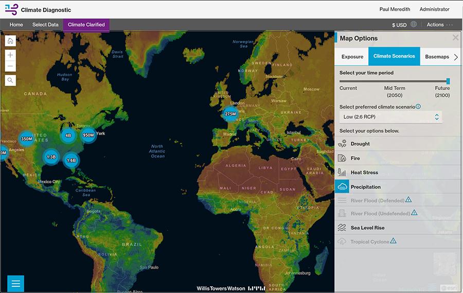 Illustration of Climate Diagnostic exploring risks via WTW's atlas of interactive maps to see climate risk projections for your locations across the globe.