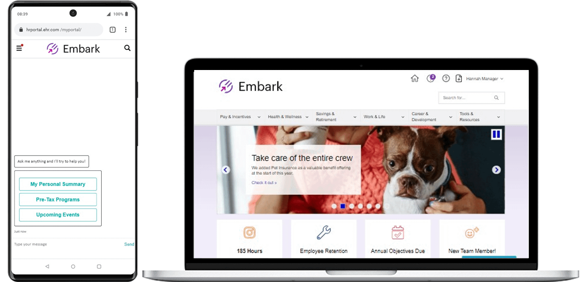 Embark home page on desktop showing COVID-19 vaccination resources and a virtual assistant to ask questions. Includes secondary image of Embark platform displayed on an iPhone for easy mobile access.