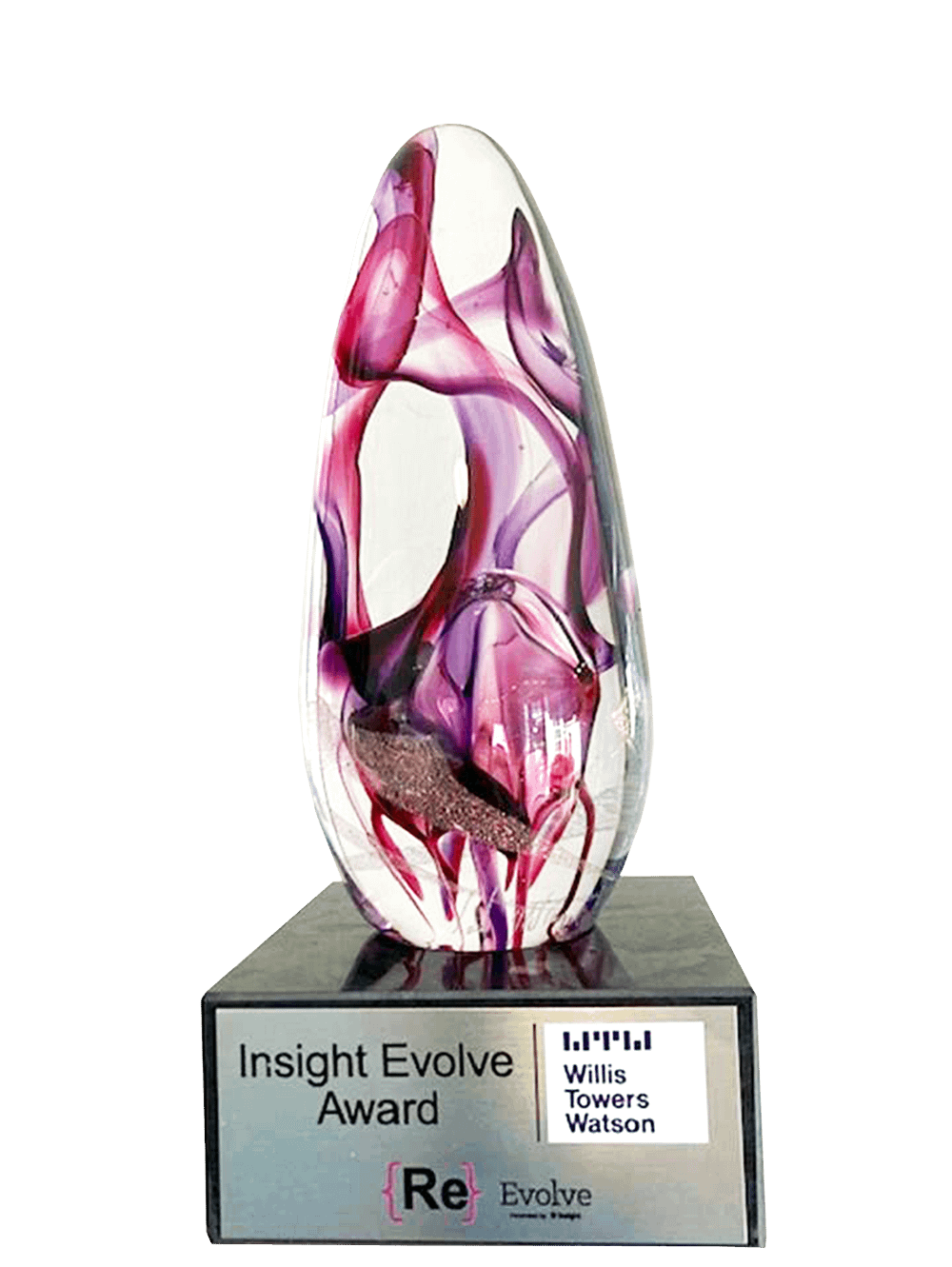 pink crystal trophy with the words Insight Evolve Award.