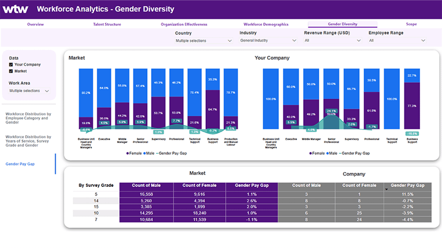 Screenshot of the Workforce Analytics HR Dashboard showing gender pay comparison information available in the tools.