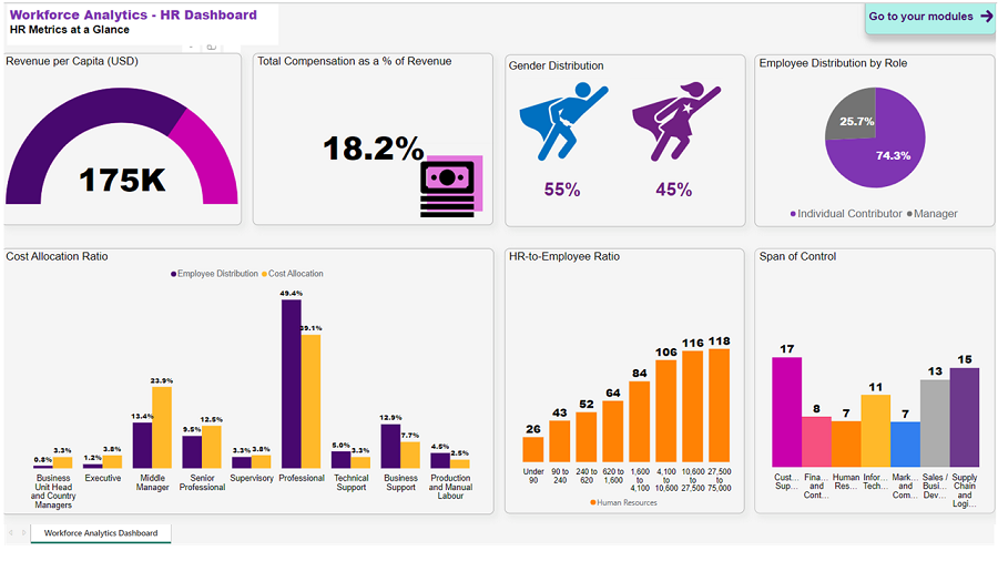 This is a screenshot of HR metrics from the Workforce Analytics HR Dashboard