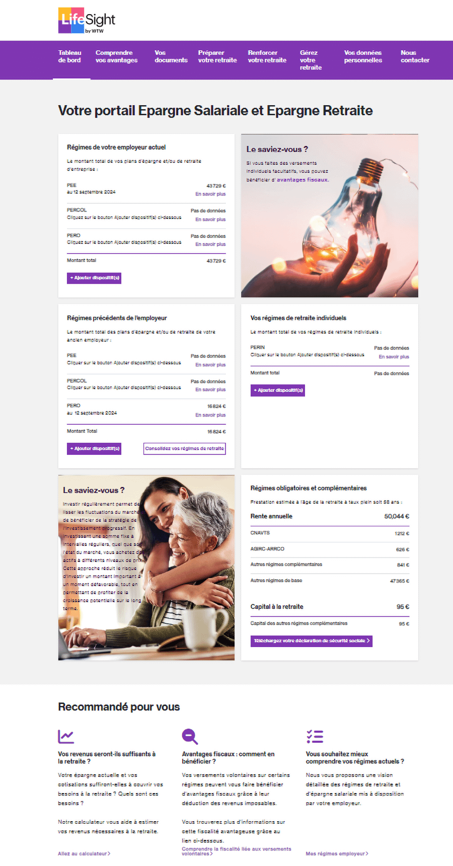 Interface de la plateforme LifeSight montrant le tableau de bord de gestion de l'épargne salariale