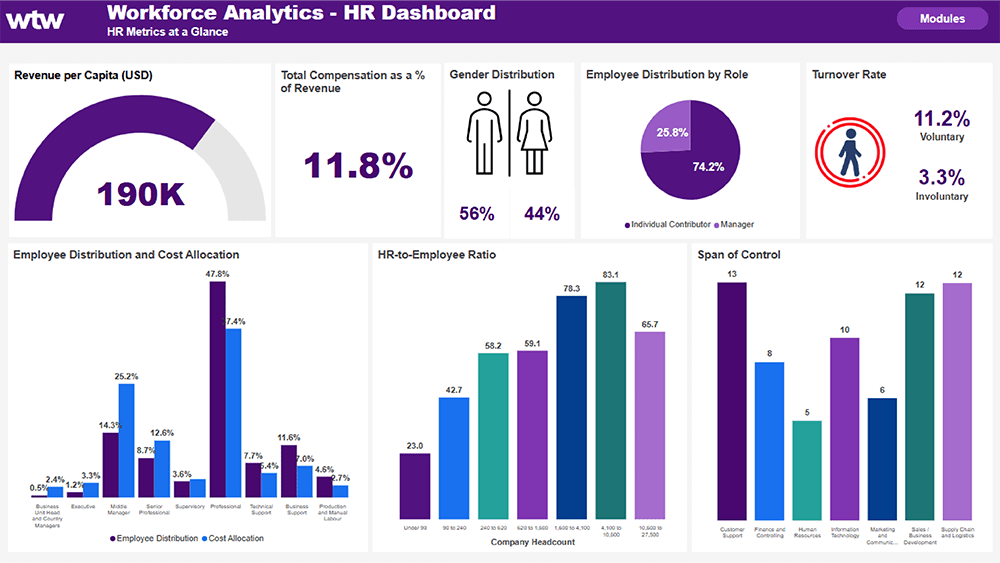 Screenshot of Workforce Analytics HR Dashboard showing key metrics available in the tool including revenue per capita (USD).