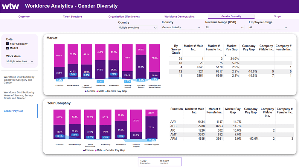 Screenshot of the Workforce Analytics HR Dashboard showing gender pay comparison information available in the tools.
