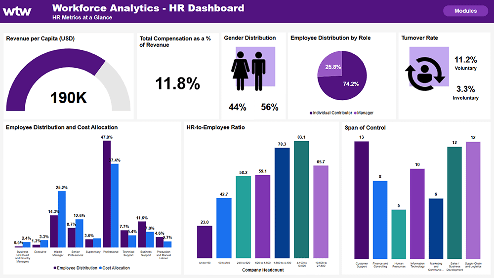 Screenshot of Workforce Analytics HR Dashboard showing key metrics available in the tool including revenue per capita (USD).