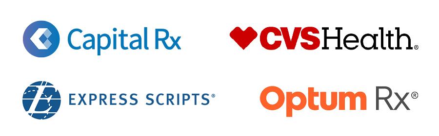 Logos of the four PBM's: Capital Rx, CVS Health, Express Scripts and Optum Rx