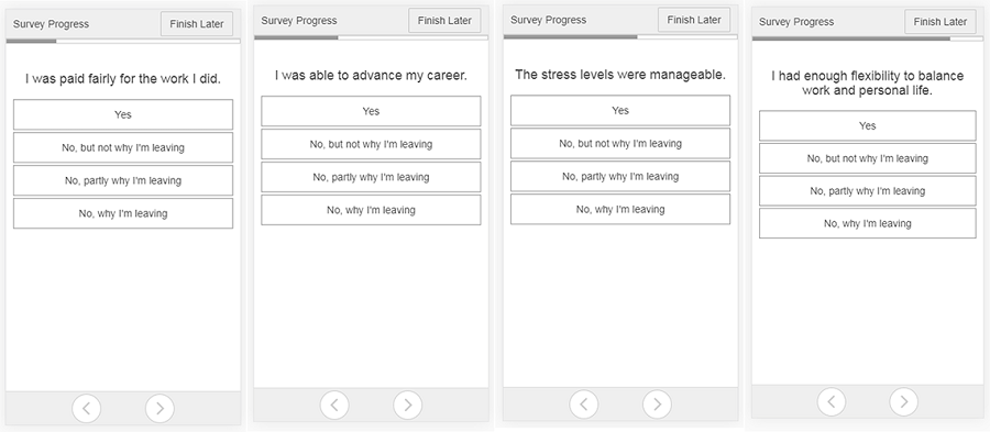 Sample multiple-choice survey template with the example of 'I was paid fairly for the work I did.' Response options include - description below