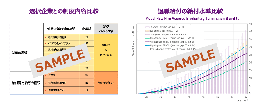 退職給付のベンチマーキングデータのサンプルイメージ（選択企業との制度内容比較、退職給付の給付水準比較）